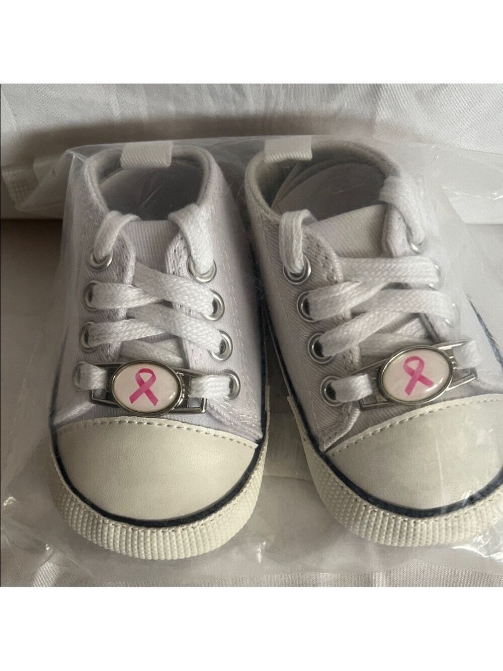 Baby Baby, White Baby Shoes with Pink Ribbon Accent
